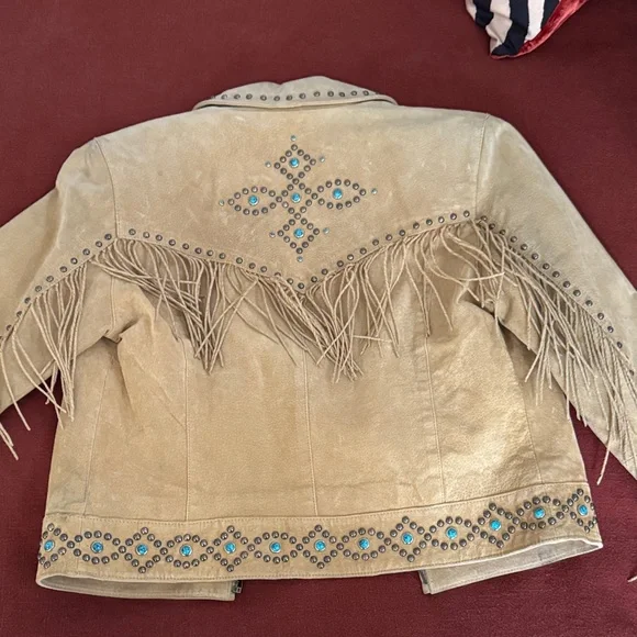 Scully Beige Fringe Leather Jacket with Turquoise Stud Accents - Picture 5 of 9